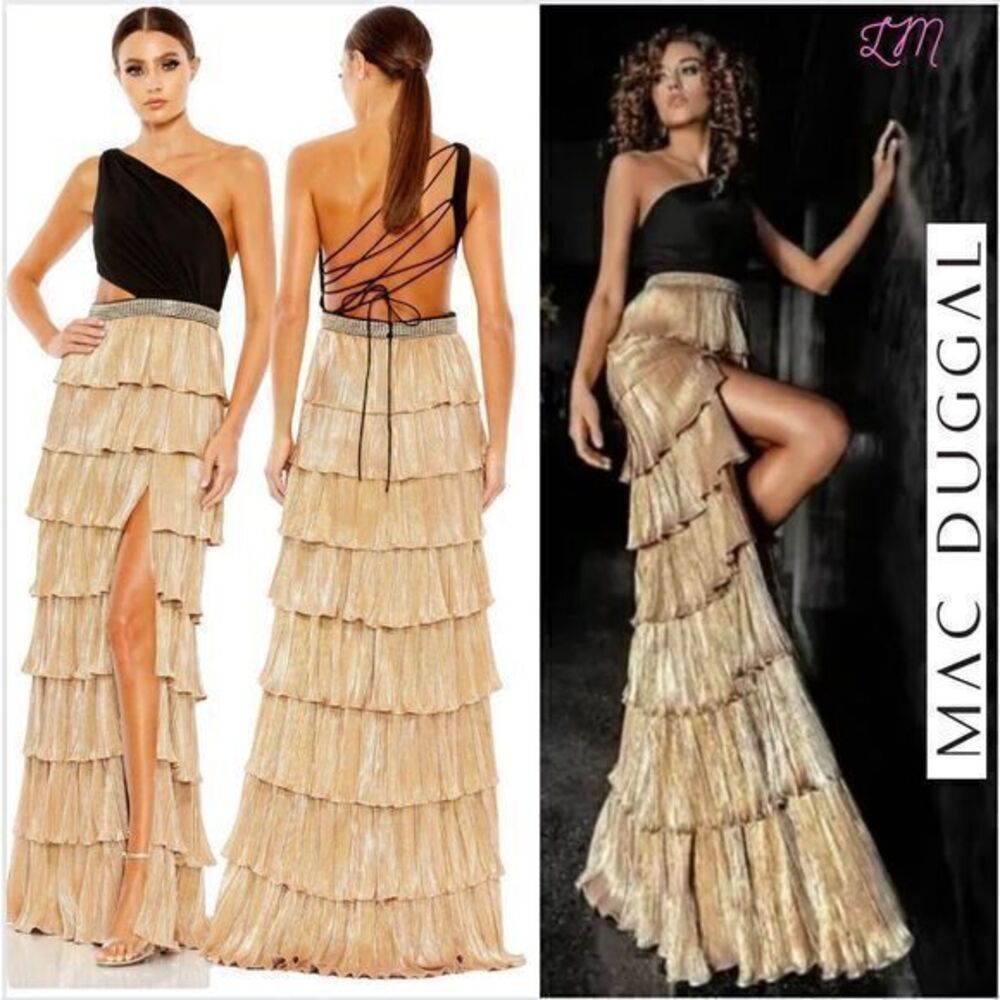 Mac Duggal‎ 26742 Metallic One Shoulder Ruffle Tiered Gown Size 0 Gold Black